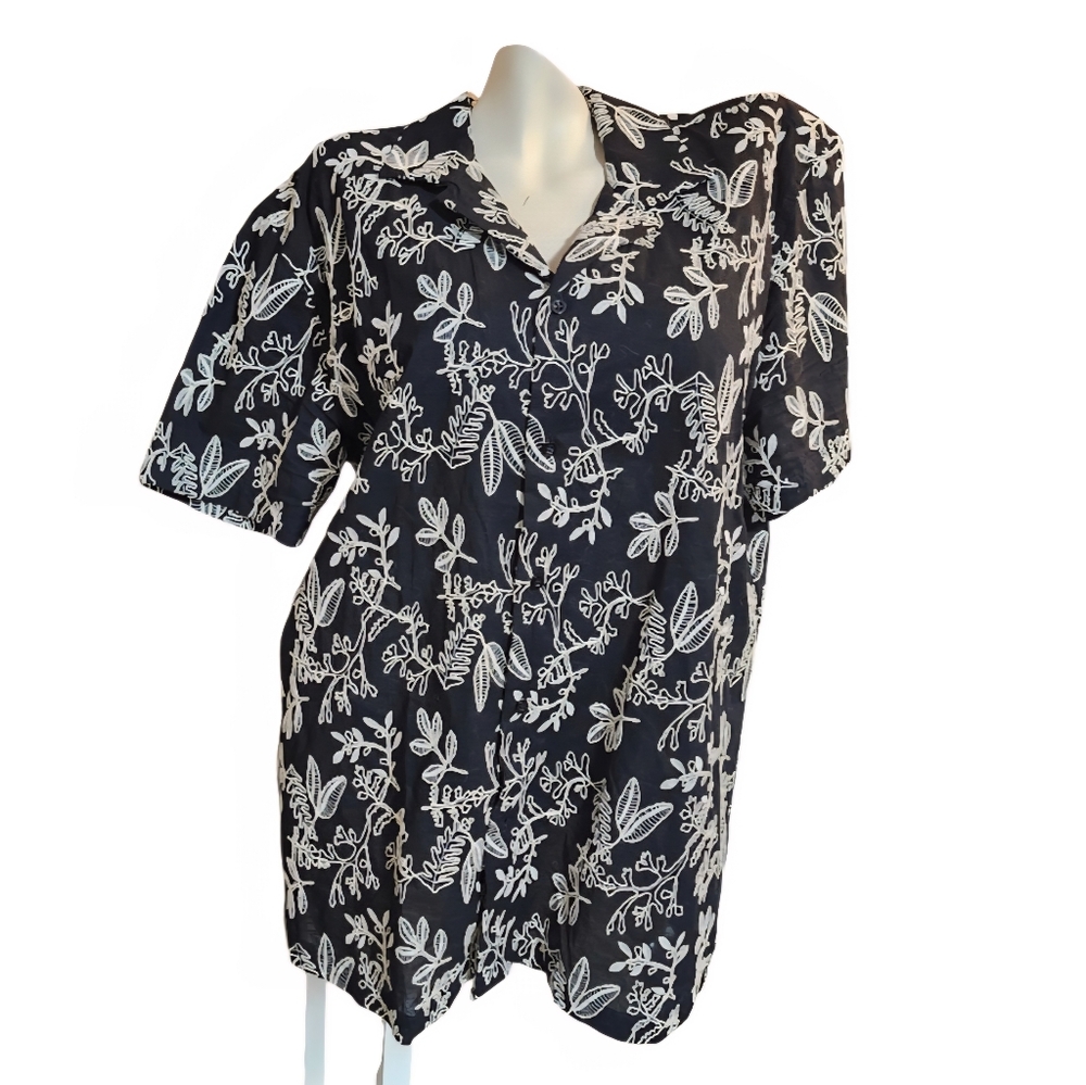 Sugar, 100% Cotton, Black and Off White, Embroidered Floral Blouse